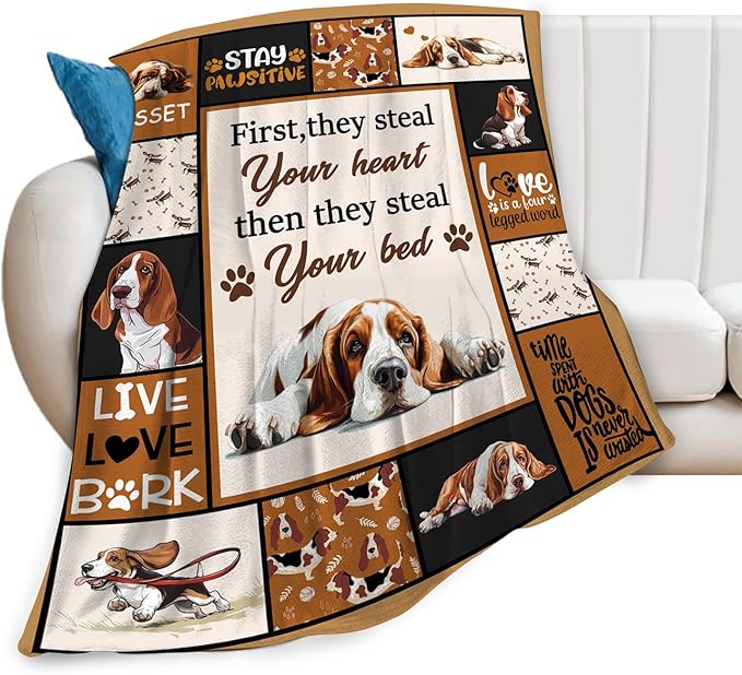 Basset Hound Blanket Ultra Soft Cozy Cute Dog Throw Blanket Fleece Fuzzy Plush Bedding Blanket Basset Hound Lovers Gifts for Women Girls Adults Couch Sofa 60"x50"