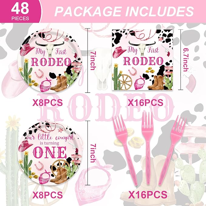 48Pcs My First Rodeo Decorations Western Cowgirl 1st Party Tableware Set Wild West Pink Disposable Plates Napkins Forks Serves 16 Baby Shower First Birthday Decorations For Girl