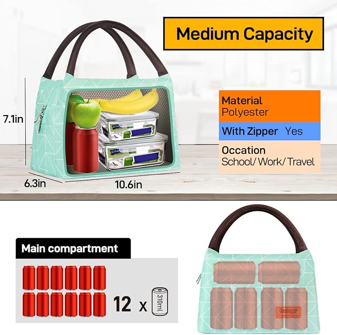 Buringer Insulated Lunch Bag Lunch Box for Women Men Adult Lunch Tote for Work Picnic Travel (Geometry Green)