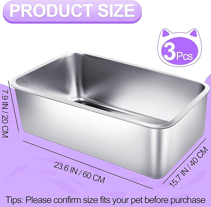 3 Pack Stainless Steel Cat Litter Boxes 23.6"L x 15.7"W x 7.9"H Extra Large Metal Litter Boxes with High Sides Sturdy Aluminum Litter Pans for Pets No Smell, Non Stick, Easy to Clean (XXL)