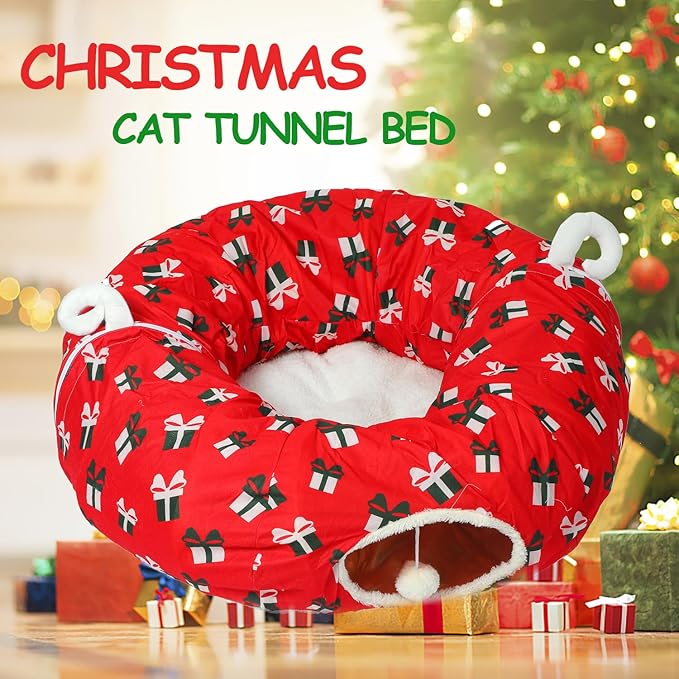 LUCKITTY Cat Tunnel Bed Under Christmas Tree 3FT x 3FT x 9.8IN - Decorative Christmas Style with Box Patterns - Red Color Perfect for Festive Felines Small Animals