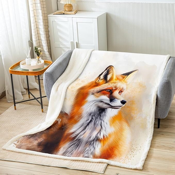 Wild Fox Sherpa Blanket Cartoon Fox Fleece Throw Blanket for Sofa Couch Bed Decor 3D Animal Theme Plush Blanket Woodland Fox Fuzzy Blanket Throw 50x60 Inch
