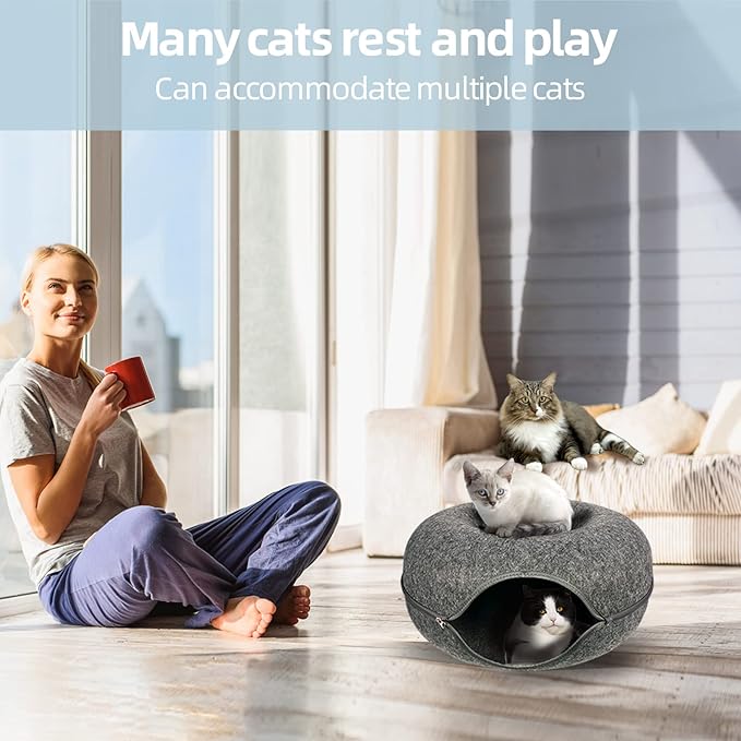 Cat Tunnel Bed, Cat Tunnels for Indoor Cats Large, Peekaboo Cat Cave, Cat Hideaway Folded Cat Donut Tunnel, Detachable Round Felt & Washable Interior Cat House (24 in * 24 in* 11 in Large) Dark Gray