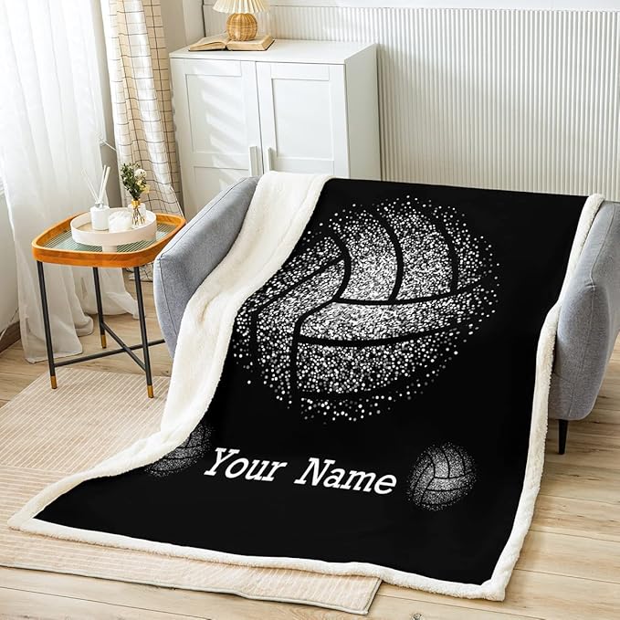 Erosebridal Custom Fleece Personalized Volleyball Sherpa Blanket for Kids Teens - 40x50 Size Rustic Retro Style Throw for Sofa - Sport Ball Printed Flannel, Black White
