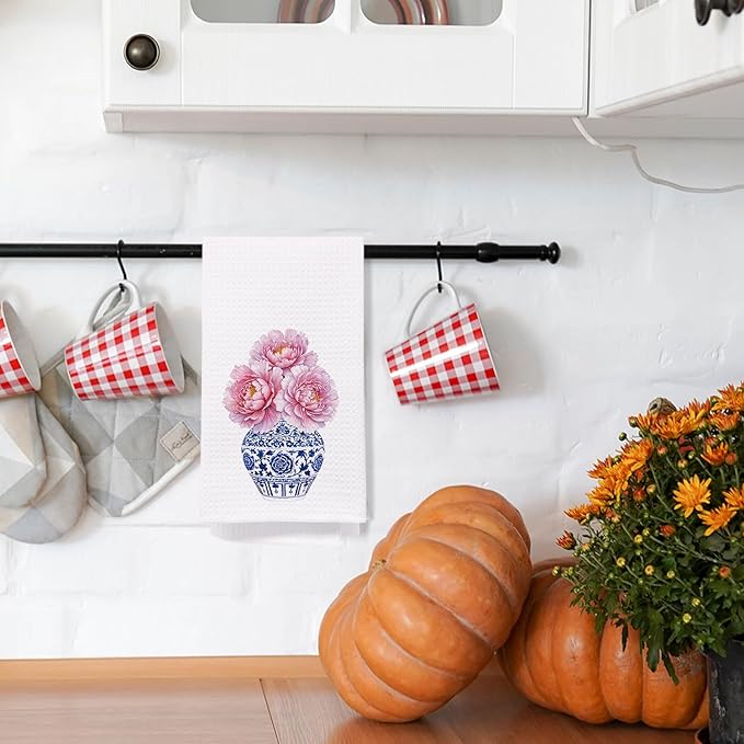 SPBL&L Chinoiserie Decor Kitchen Towels, Blue and White Chinoiserie Vase Pink Peonies Floral Dish Towels for Kitchen, Blue and White Hand Towels for Bathroom, Grandmillenial Decor, 16x24 Inches