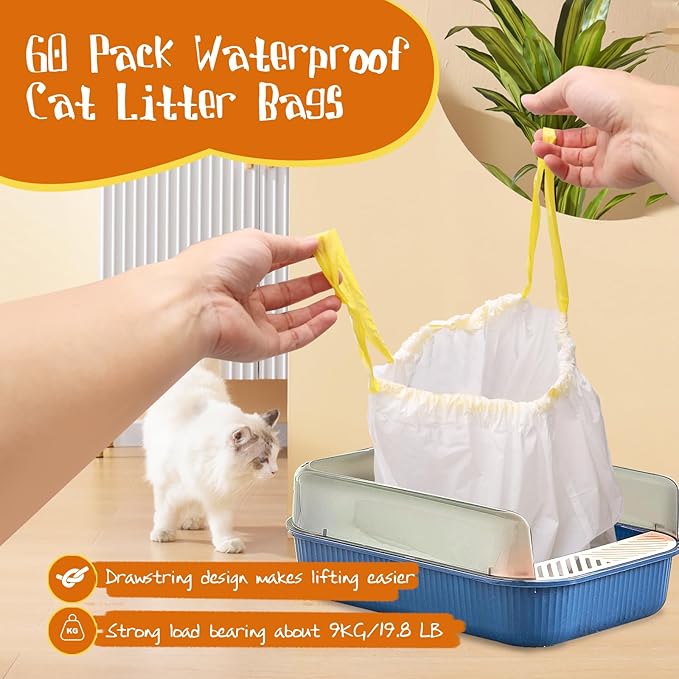 60Pack Extra Thick 2Mil Cat Litter Bags for Automatic Litter Robot 4 Self-Cleaning Litter Box,3 Rolls Drawstring Cat Litter Bags,Replacement Extra Large Cat Litter Bags,26.6’’x 16.9’’