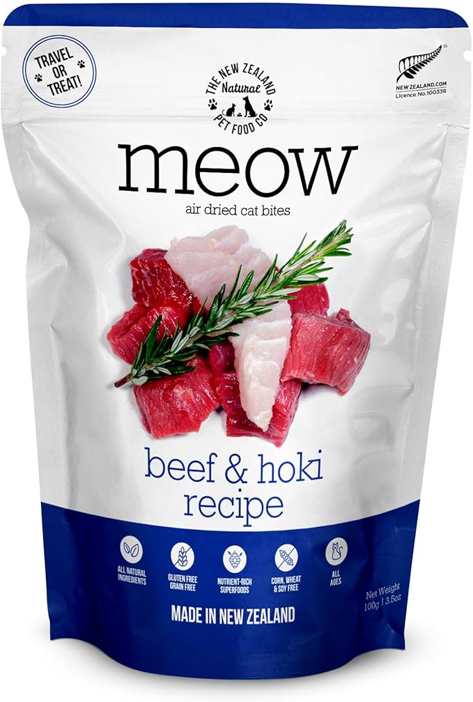 Meow Air Dried Cat Food - Beef & Hoki Recipe, High Protein Dry Cat Food Use as a Complete Diet, Topper, Mixer, or as Cat Training Treats, All Life Stages, 3.5 oz