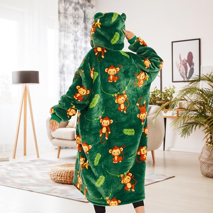THREE POODLE Wearable Blanket Hoodie, Oversized Sherpa Sweatshirt Blanket for Adults Women Men, Warm Cozy Monkey Hooded Blanket, Gifts for Mom Girlfriend
