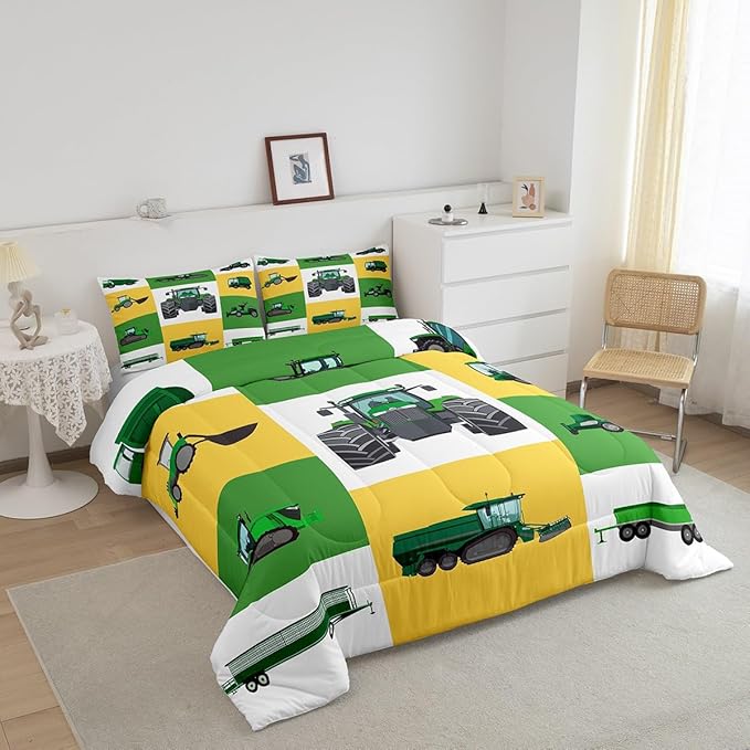 Boys Tractor Comforter Set King Kids Equipment Trucks Bedding Sets For Teens Bedroom Under Construction Quilt Set Excavator Vehicle Car Bedding Farmhouse Harvester Quilted Comforter,Green Yellow