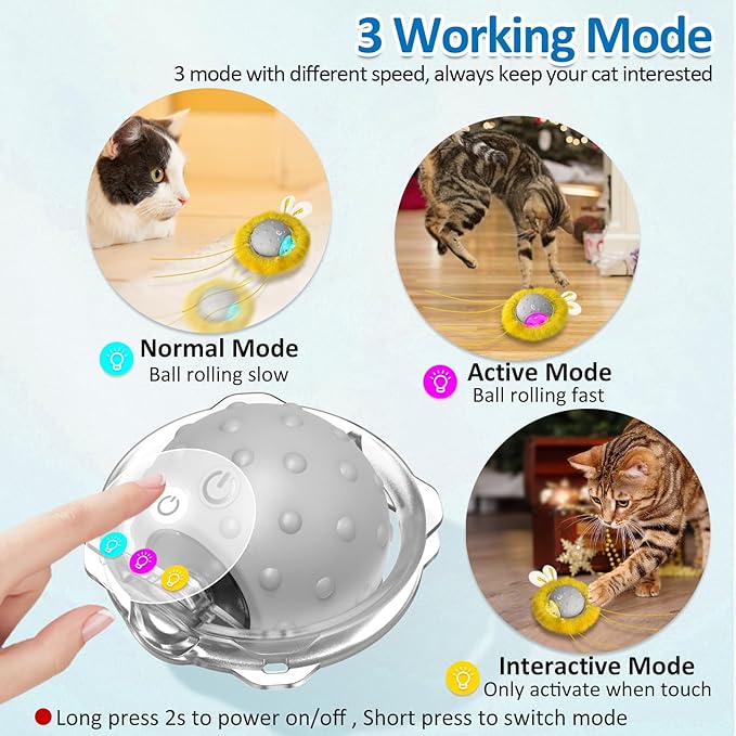 Motion Activate Interactive Cat Toys - Automatic Moving Ball Toys for Indoor Cats, Self Rotating Ball with Lights, Electric Cat Mice Toys, USB Rechargeable, Auto On/Off