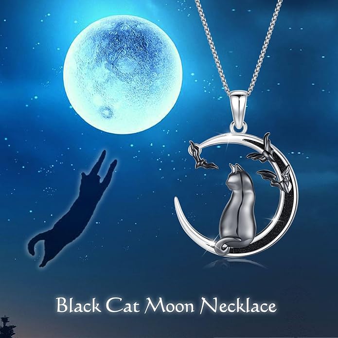 AUDINCCED Black Cat Necklace Turtle Necklace Gothic Jewelry Butterfly Necklace Cat Necklace 925 Sterling Silver Crescent Moon Necklace for Women Cat Gifts for Cat Lovers