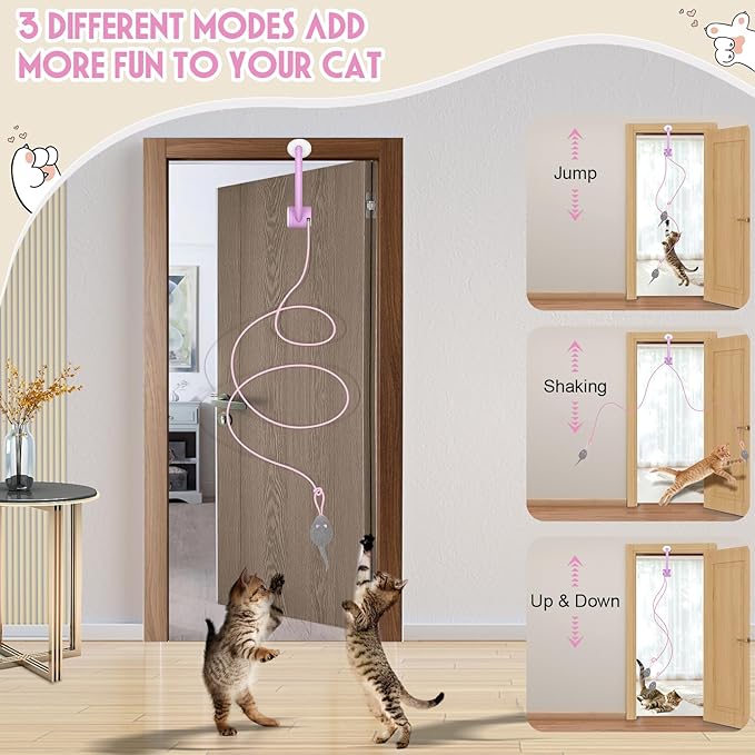 Cat Toy Interactive for Indoor Cats, Smart USB Rechargeable Door Hanging Automatic Retractable Kitten Toys, Teaser Electronic Self Play Feather Cat String Toys Attached with 3 Catnip Mice Pink