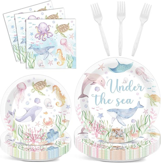 96 Pcs Under the Sea Party Decorations Ocean Plates and Napkins Sea Turtle Theme Tableware Set Decor Party Supplies for Birthday Wedding Baby Shower Sea Animal Party Favors for 24 Guests