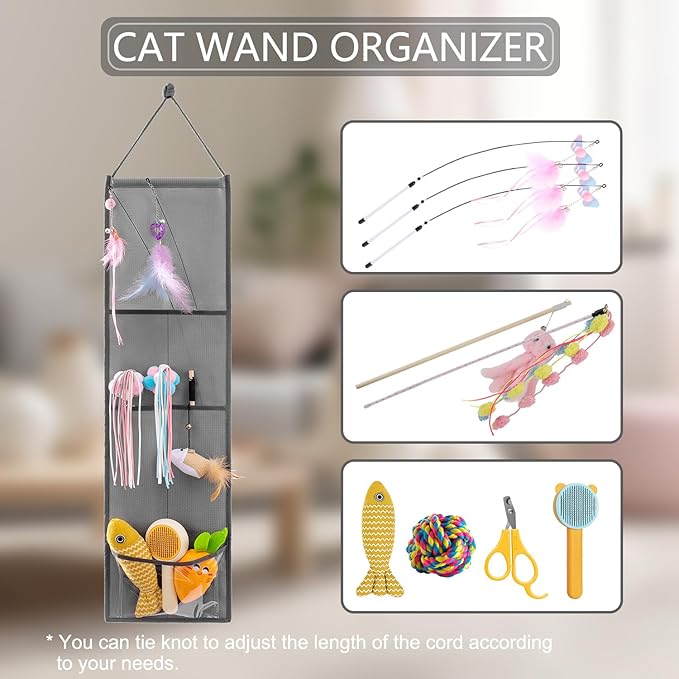 Hanging Cat Wand Holder Kitten Stick Toy Storage Bag Cat Accessories Organizer for Indoor Cats (Fabric Pockets)