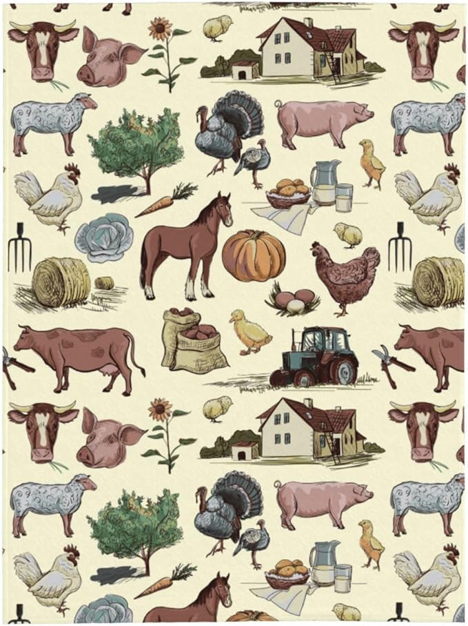 Farm Animal Blanket Throw 80"x60", Plush Flannel Cow Chicken Horse Pig Sheep Blanket, Soft Warm Decorative for Kids Women Adults