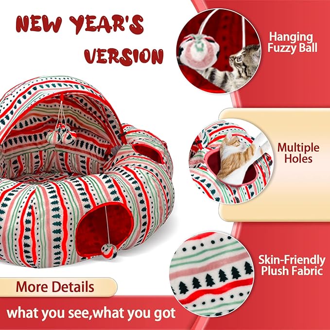 Cat Tunnels Bed for Indoor Cats-Donut Tubes, Adjustable Shape, Washable Circle Cushion, Pet Play Balls Toy and Holes, Red Atmosphere