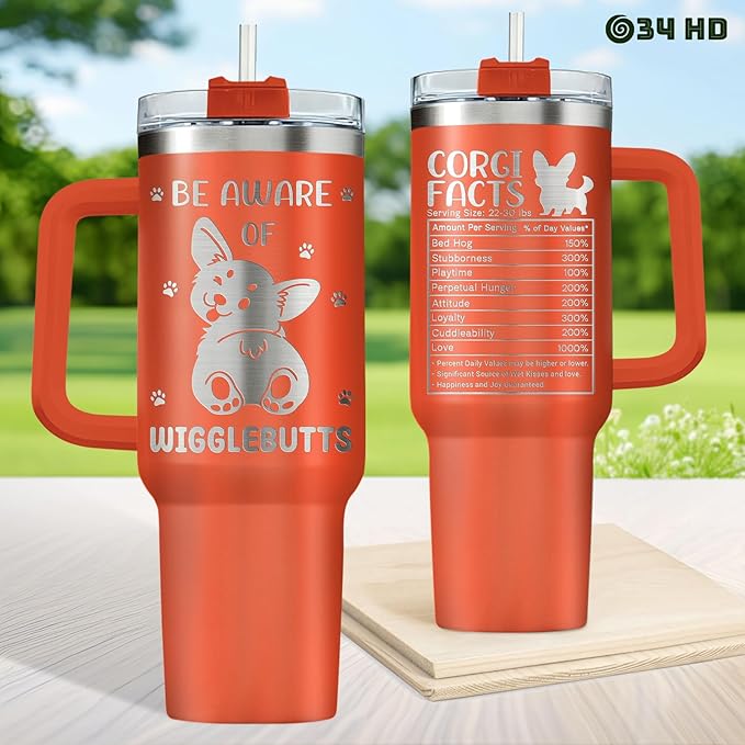 34HD Corgi Tumbler with Handle and Straw, 40oz Dog Mom Stainless Steel Coffee Mug with Lid, Beware of Wigglebutts Cup, Corgi Mom Gifts for Friends Sisters Daughter Aunt