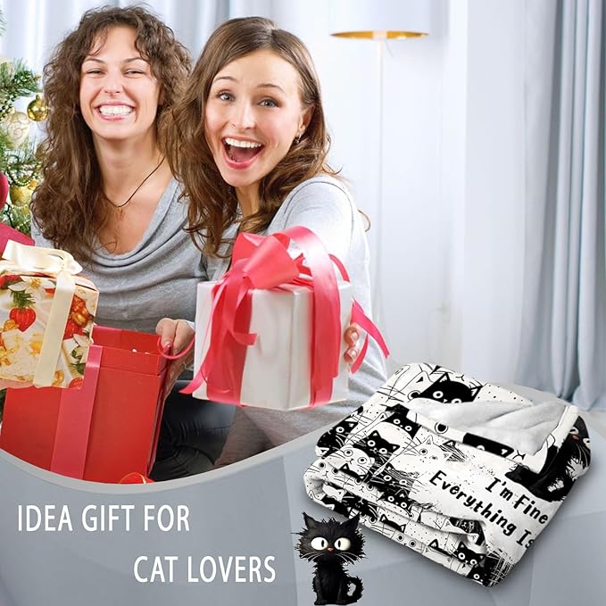 Cat Blanket, Black Cat Gifts for Cats Lovers, I'm Fine Everything is Fine Black Cats Blanket 50"X60", Kitten Lovers Gifts for Women Girls Kids Adults