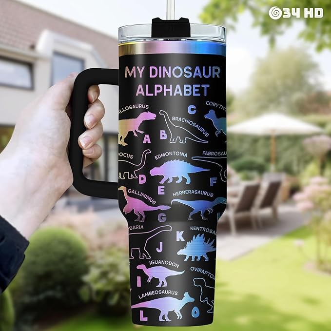 34HD 40oz Glitter Dinosaur Tumbler with Handle and Straw, 40oz Vacuum Insulated Dinosaur Alphabet Coffee Mug, Animal Lover Gifts for Kids Boys Girls Women Mothers Day