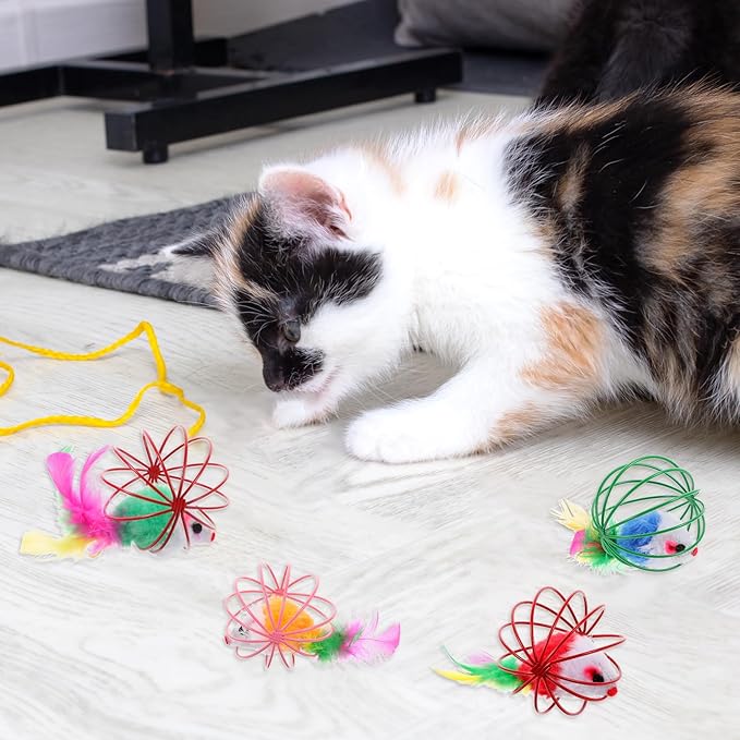 Cat Toys 4pcs, Interactive Cat Ball Toy with Mice Inside, Best Cat Toys for Bored Indoor Cats, Cat Stocking Stuffers, Cat Feather Toy, Catnip Ball, Spring Cat Toy, Cat Toys Ball for Kittens and Cats,