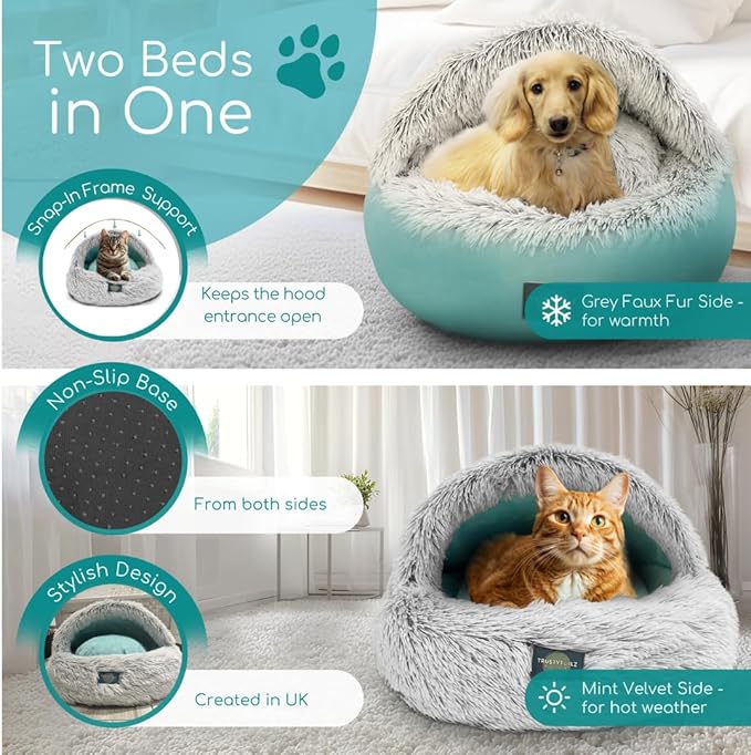 TrustyTailz Cozy Cave Dog Bed and Cat Cave Bed with Hooded Cover, Snap-in Frame, Washable and Removeable, Plush Grey Fluffy Cover Indoor Cats or Small Dog Beds, Non-Slip Base (Medium)