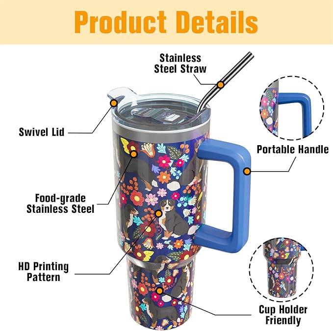 Bernese Mountain Dog Gifts for Women Lovers 40 oz Floral Bernese Mountain Tumblers with Handle and Straw, Stainless Steel Vacuum Insulated Travel Coffee Mug Cup Water Bottle