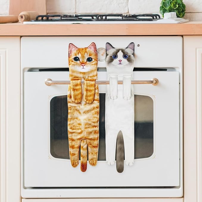 Cat Hand Towels for Kitchen and Bathroom - Cute Decor Gadgets - Hanging Soft Absorbent Face Towel - Funny Birthday, Mother's Day, Housewarming Holiday Unique Gifts for Women, Mom, Lady, Cat Lovers