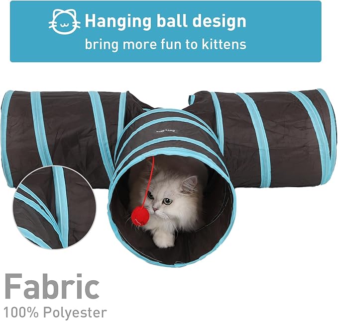 3 Way Cat Tunnel and Tube, Cat Tunnels for Indoor and Outdoor Cats, Collapsible Cat Tunnels with Peek Hole for Cat, Puppy, Kitty, Rabbit, Puppy (T-Shaped Black-Blue)