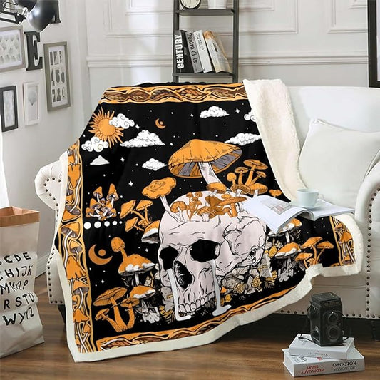 Sugar Skull Mushroom Throw Blanket for Bed, Gothic Skeleton Fleece Twin Boho Orange Fungus Sherpa, Horror Theme Fuzzy Blanket Dark Aesthetic Halloween Decor Microfiber