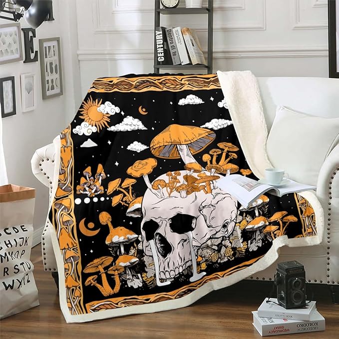 Sugar Skull Fleece Blanket Hippie Mushroom Sherpa Blanket, Gothic Skeleton Blanket 40x50 Boho Orange Fungus Throw Blanket Sofa, Horror Theme Flannel Blanket Dark Aesthetic Halloween Decor Microfiber