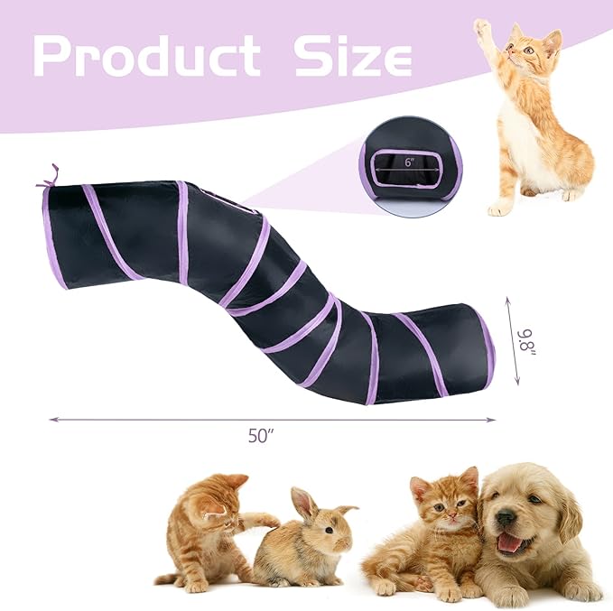 Sheldamy Cat Tunnel, S-2-Way Cat Tunnels for Indoor Cats, Collapsible Cat Play Tunnel, Interactive Toy Maze Cat House with 1 Play Ball for Cats, Puppy, Kitty, Kitten, Rabbit (Pink & Black)