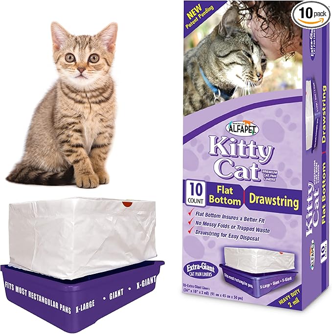 Alfapet Litter Box Liner Flat Bottom Pack of 10 - Super Heavy Duty Kitty cat Litter Bags with Drawstring for Poop and Liquid Waste - Jumbo Design for Extra Large Cat Pans