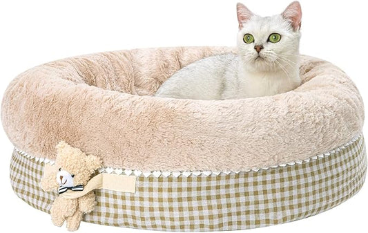Jiupety Teddy Donut Bed for Indoor Cats, Washable & Warm Small Dog Bed, Cute Fluffy Round Kitten Bed, Suitable for Cat and Puppy, Anti-Slip Calming Princess Kitty Bed, Camel, 26"×26", Fit 25lbs