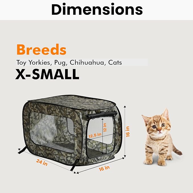 Beatrice Home Fashions Portable, Collapsible, Pop Up Kennel Travel Cat and Dog Crate, 24" L x 16.6" W x 16" H, Camo Green