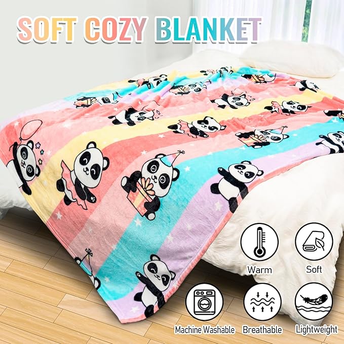 Cute Panda Blanket, Warm and Plush Rainbow Throw, Great Gifts for Kids Boys and Girls, 60x80 Inches