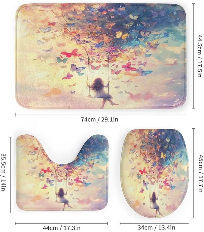 Brebasf Abstract Fantasy Animal Butterfly Shower Curtain Set Bathroom Set Decorative Watercolor Oil Painting Japanese Anime Girl Sunset Butterfly 4 Piecet