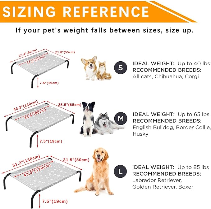 Elevated Dog Bed with Metal Frame, Raised Dog Bed with Waterproof Mesh, Dog Cot with No-Slip Rubber Feet, Portable Pet Bed. S(35.4" L x 22" W x 8" Th) Grey
