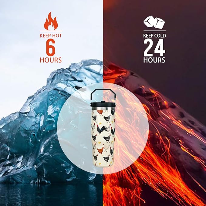 30oz Chicken Tumbler with Handle and Straw, Stainless Steel Vacuum Insulated Flip Straw 30 oz Coffee Rooster Tumbler, Spill Proof Travel Mug, Chicken Decor Gifts for Women