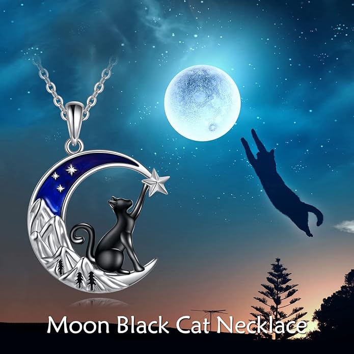 925 Sterling Silver Moon Black Cat Necklace for Women - Tree of Life Jewelry with Abalone Stone - Cat Lover Birthday Gift