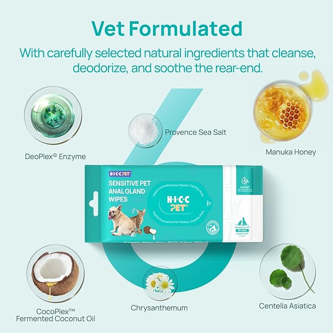 HICC PET Wipes for Dogs & Cats, Cleansing Deodorizing & Soothing Allergy Infections Anal Gland Pets Wipes with Coconut Oil - Dog Grooming Wipes for Butt and Paw - Hypoallergenic & Vet Recommended