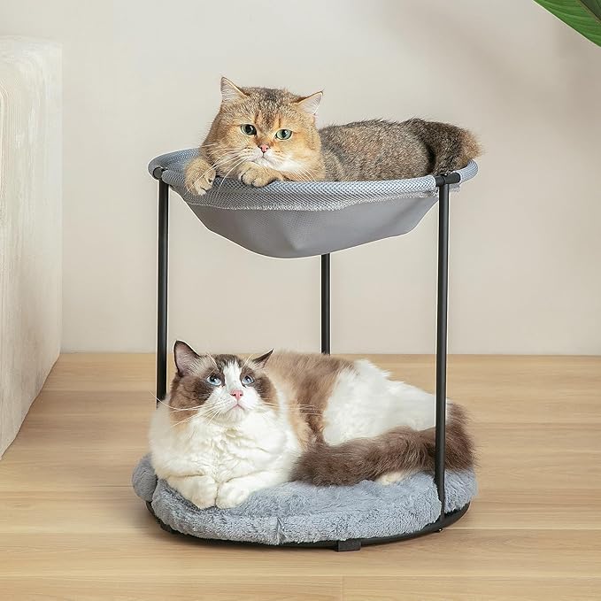 Double Cat Bed for 2 Cats Breathable Elevated Cat Beds for Indoor Cats, Round Fluffy Plush Cat Beds,18 x 16.5 x 16.5 Inch Cat Hammock Washable, Easy Assembly Cat Hammock for Multi-cat Household