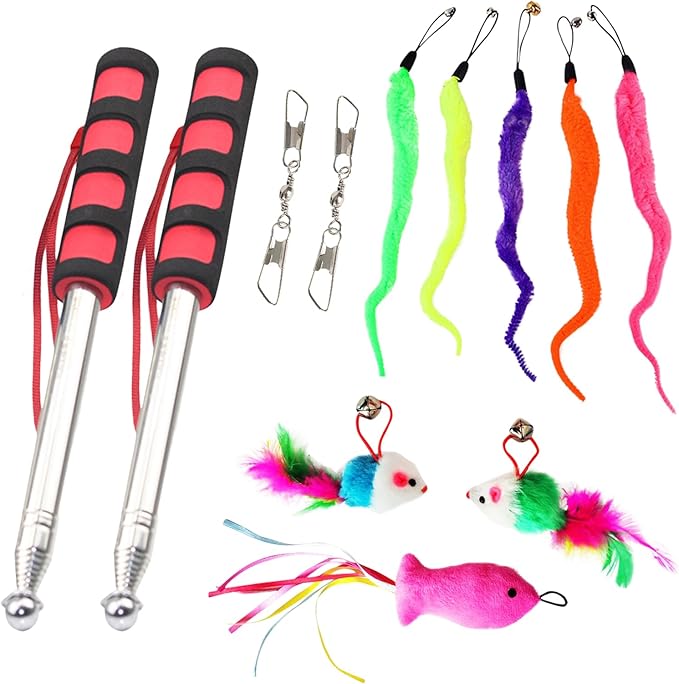 8pcs Replacement Teaser with Bell and 2pcs Retractable Cat Toys Wand(Red),Cat Feather Toys for Indoor Cats and Outdoor Cats.