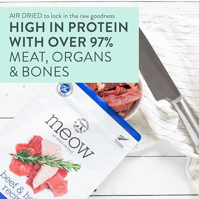 Meow Air Dried Cat Food - Beef & Hoki Recipe, High Protein Dry Cat Food Use as a Complete Diet, Topper, Mixer, or as Cat Training Treats, All Life Stages, 3.5 oz