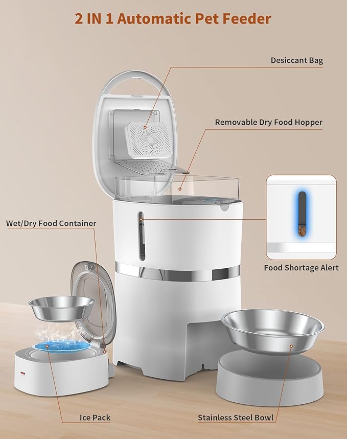 WellToBe Automatic Cat Feeder for Wet Food with Ice Pack and Freshness Dry Food Desiccant for Cats and Small Dogs, Timed Automatic Pet Feeder with Voice Recorder, 1-6 Meals Control, Dual Power Supply