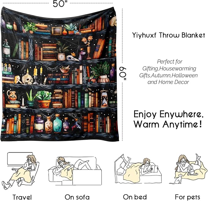 Book Lovers Blanket,Halloween Witches Bookshelf Skulls Black Cat Potions Fleece Blankets for Women Flannel Throw Blanket for Home Living Room Couch Bed Chair or Dorm Decor 60"x50"
