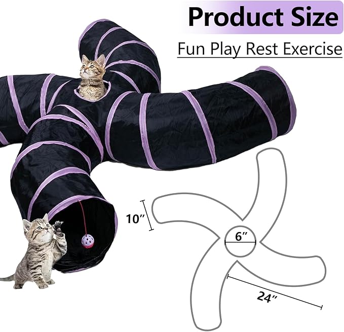 EGETOTA Cat Tunnel for Indoor Cats Large, with Play Ball S-Shape 4 Way Collapsible Interactive Peek Hole Pet Tube Toys, Puppy, Kitty, Kitten, Rabbit (S4 - Black & Pink)