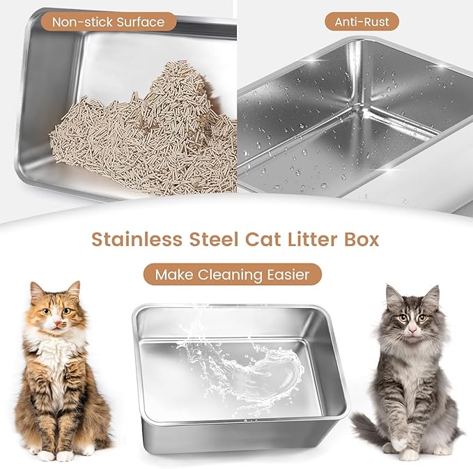 8" Deep Stainless Steel Litter Box with 49L Litter Capacity, Extra Large High Sided Cat Litter Box with Lid, Stainless Steel Cat Litter Box for Big Multiple Cats, Metal Cat Litter Pan Tray, Easy Clean
