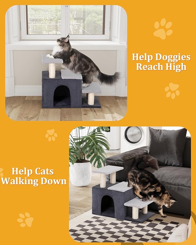 3-in-1 Pet Stairs for Cats, Dog Steps for Small Doggie,7.8'' Depth Cat Stairs,Indoor Cat Ladders for High Bed for Pet's Joints, Soft Plush, 1 Big Cat Condo Cave, Sisal Scratching Posts, Grey, Large