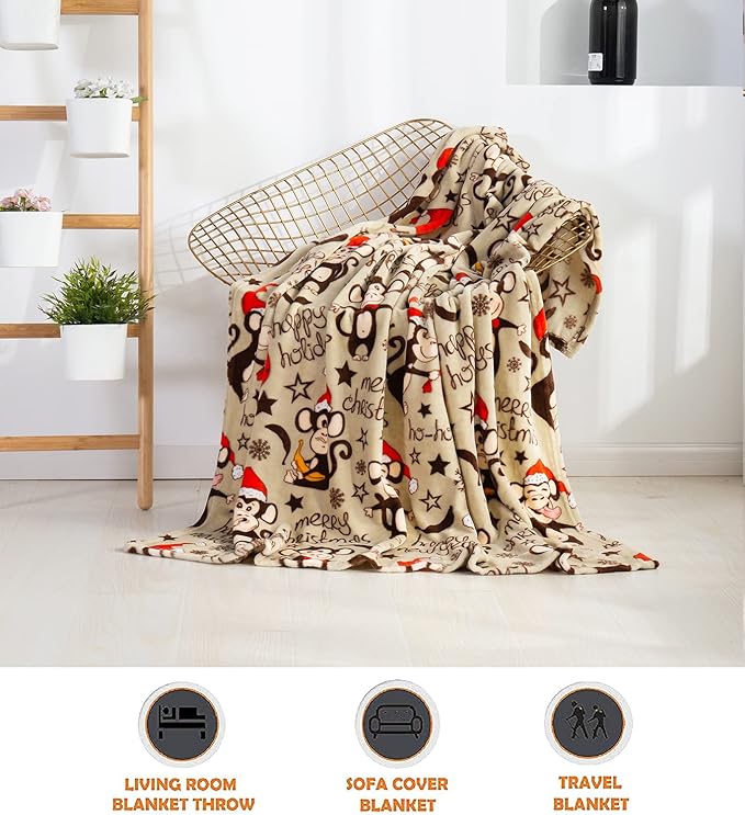Elegant Comfort Luxury Velvet Super Soft Christmas Prints Fleece Blanket-Holiday Theme Home Décor Fuzzy Warm and Cozy Throws for Winter Bedding, Couch and Gift, 50 x 60 inch, Monkey