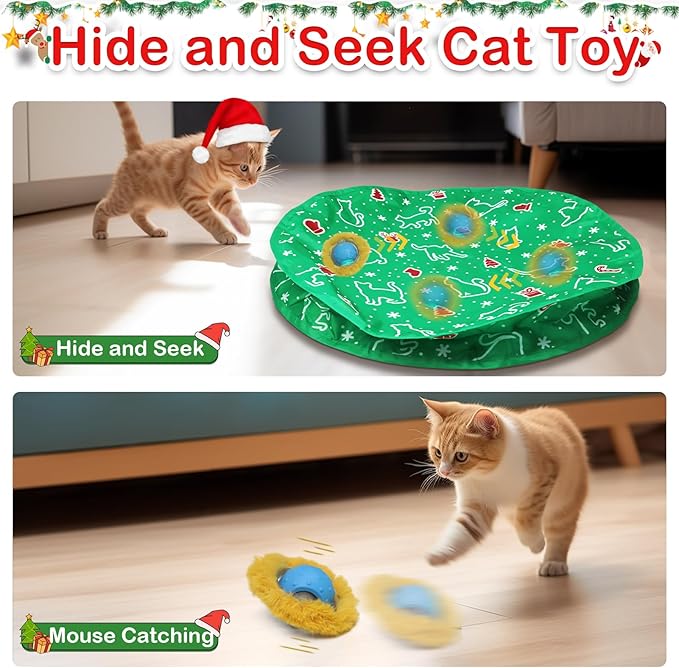 Interactive Cat Toys Ball Fast Rolling in Christmas Pocket, Motion Activate Chirping Cat Toy Hide and Seek Mouse Catching Game (Christmas Party)